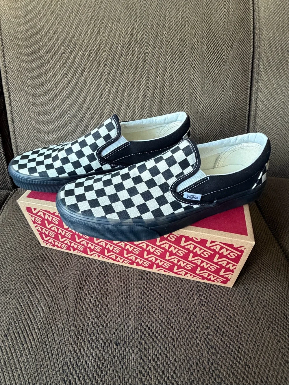 Vans Classic Checkerboard Slip-On Shoe, Black Soles, Men’s 10.5
